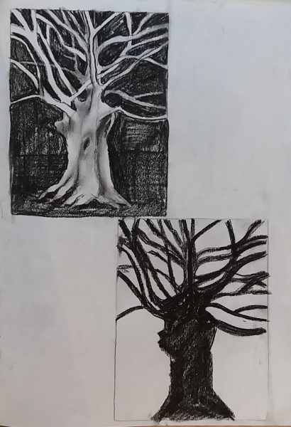 Charcoal sketches using positive shapes (top) and negative shapes (bottom)